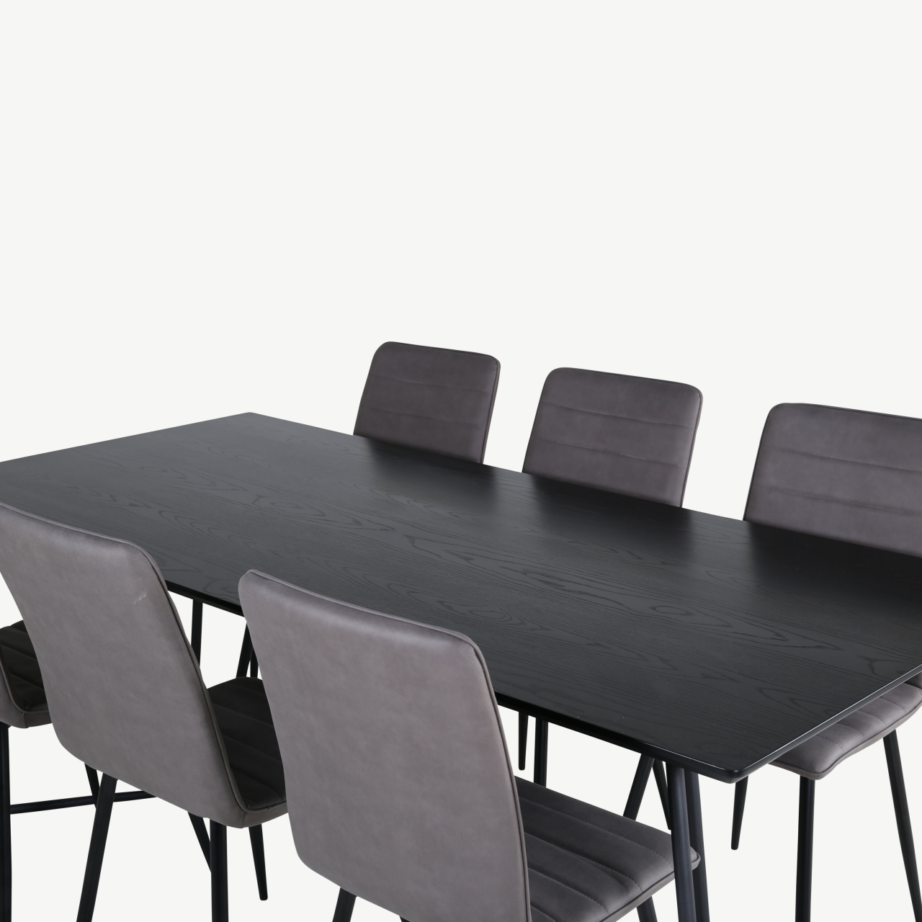 Petra söögitoakomplekt musta ristkülikukujulise lauaga ja 6 halli mikrofiibrist Windu tooliga, GR22326 – 3