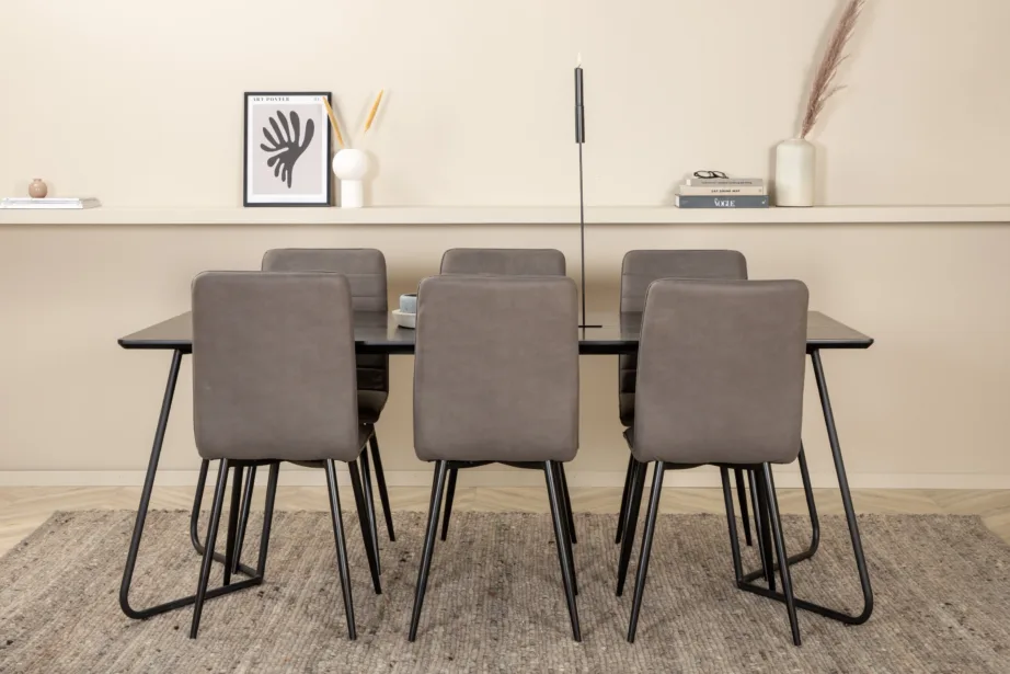 Petra söögitoakomplekt musta ristkülikukujulise lauaga ja 6 halli mikrofiibrist Windu tooliga, GR22326 – 5