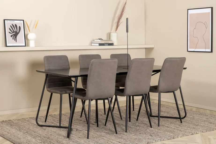 Petra söögitoakomplekt musta ristkülikukujulise lauaga ja 6 halli mikrofiibrist Windu tooliga, GR22326 – 6