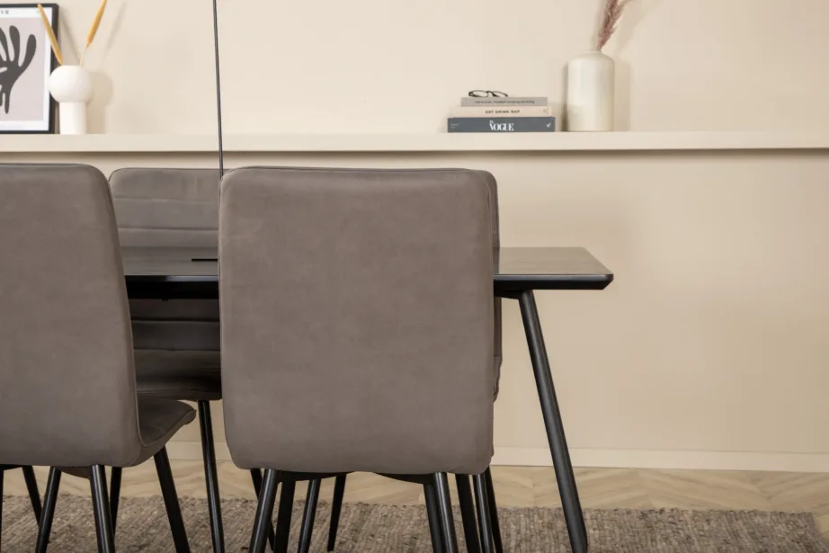 Petra söögitoakomplekt musta ristkülikukujulise lauaga ja 6 halli mikrofiibrist Windu tooliga, GR22326 – 8