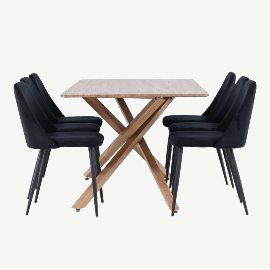 Piazza ristjalgadega mokkatooniline söögilaud ja 6 musta sametpolstriga Night tooli, GR24519 – 2
