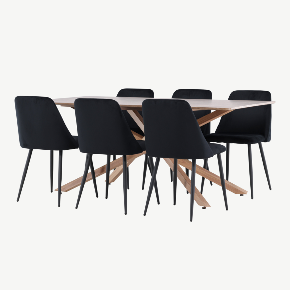 Piazza ristjalgadega mokkatooniline söögilaud ja 6 musta sametpolstriga Night tooli, GR24519