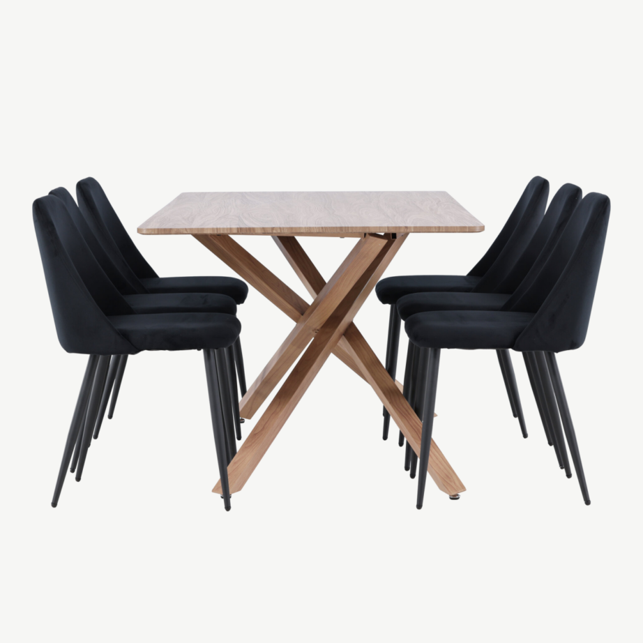 Piazza ristjalgadega mokkatooniline söögilaud ja 6 musta sametpolstriga Night tooli, GR24519 – 7