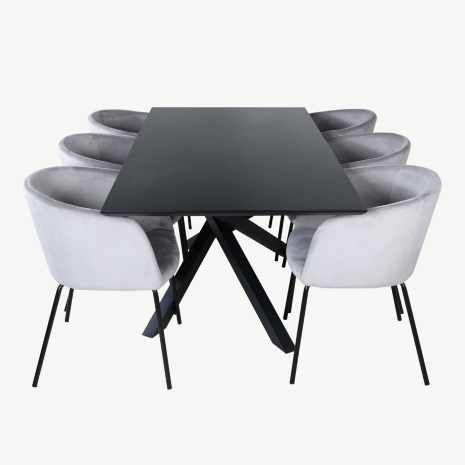 Piazza ristkülikukujuline söögilauakomplekt musta lauaplaadiga ja hallid sametist Berit toolid, GR22273 – 2