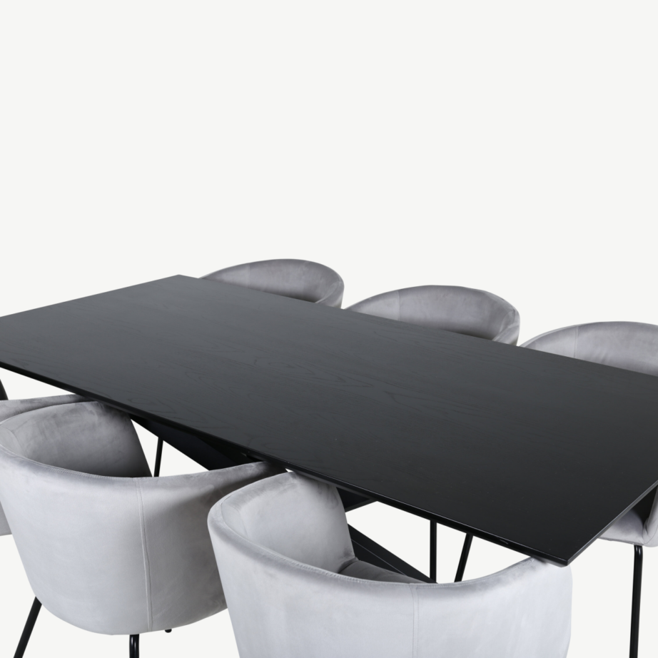 Piazza ristkülikukujuline söögilauakomplekt musta lauaplaadiga ja hallid sametist Berit toolid, GR22273 – 3