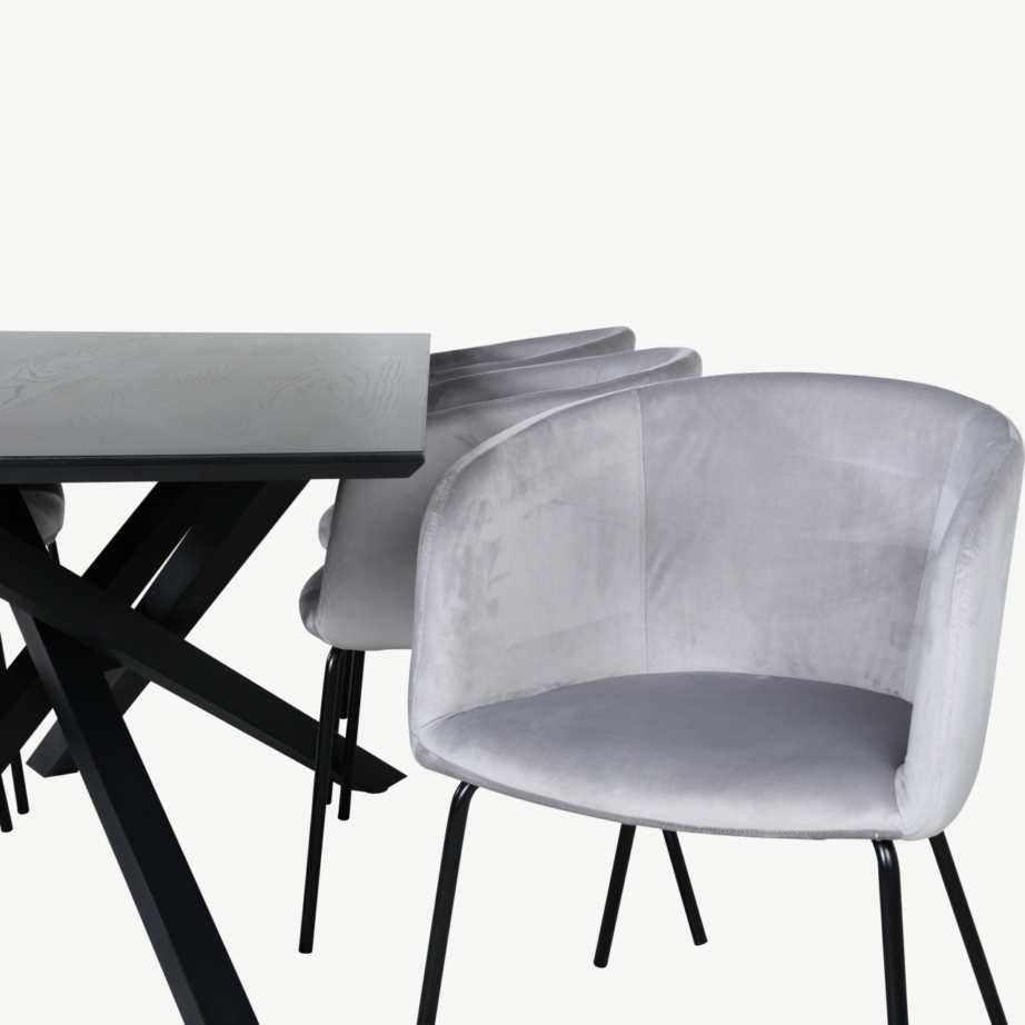 Piazza ristkülikukujuline söögilauakomplekt musta lauaplaadiga ja hallid sametist Berit toolid, GR22273 – 4