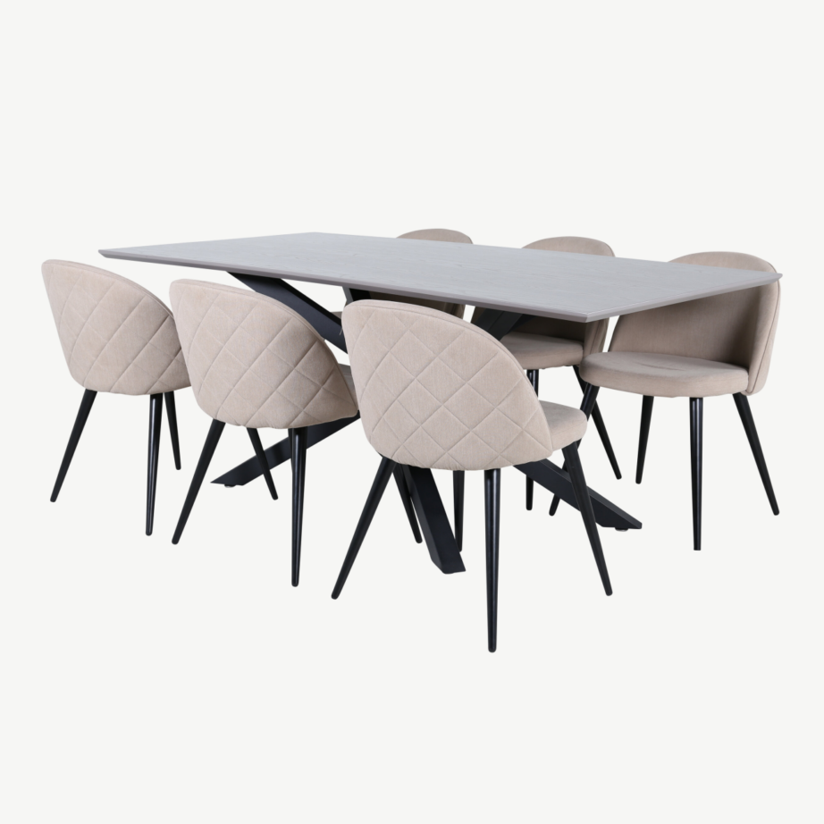 Piazza ristkülikukujuline söögilaud ja 6 beeži tekstiiliga tooli (mustad metalljalad, tumehall lauaplaat), GR22521 – 2
