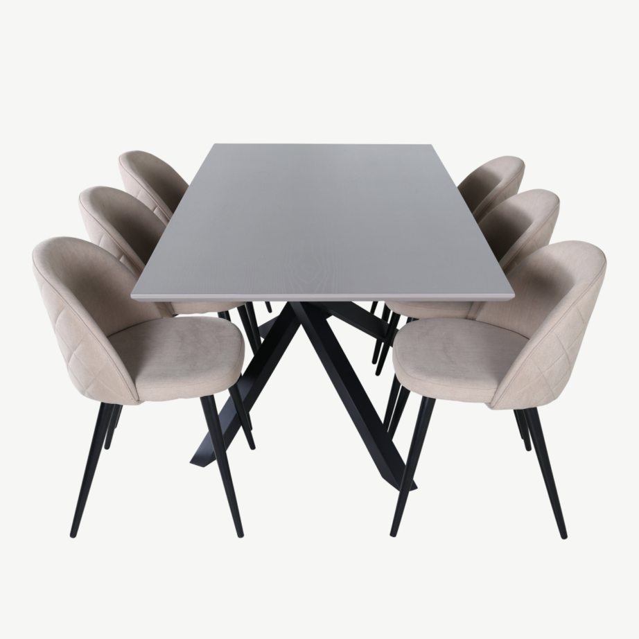 Piazza ristkülikukujuline söögilaud ja 6 beeži tekstiiliga tooli (mustad metalljalad, tumehall lauaplaat), GR22521 – 3