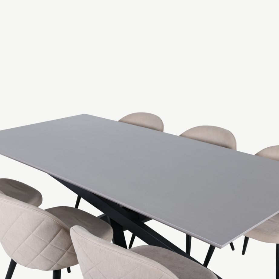 Piazza ristkülikukujuline söögilaud ja 6 beeži tekstiiliga tooli (mustad metalljalad, tumehall lauaplaat), GR22521