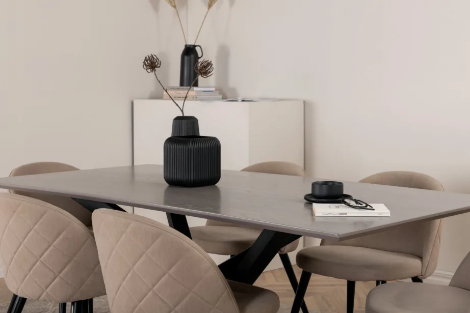 Piazza ristkülikukujuline söögilaud ja 6 beeži tekstiiliga tooli (mustad metalljalad, tumehall lauaplaat), GR22521 – 7