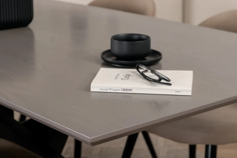 Piazza ristkülikukujuline söögilaud ja 6 beeži tekstiiliga tooli (mustad metalljalad, tumehall lauaplaat), GR22521 – 8