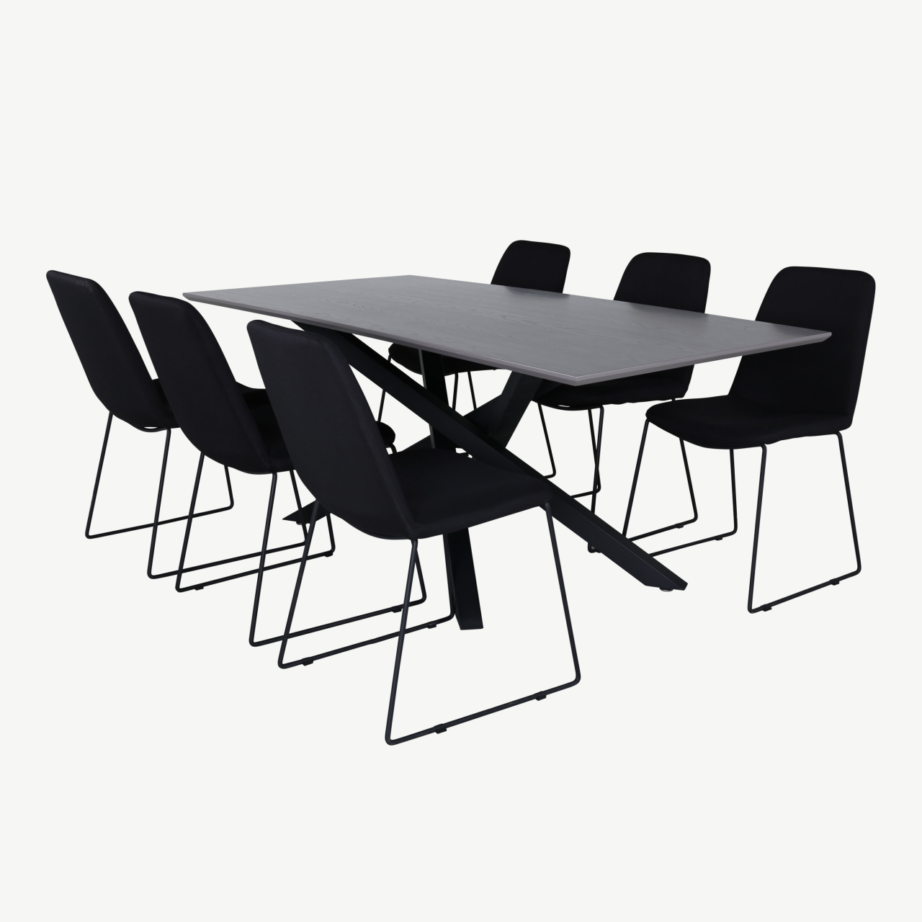 Piazza ristkülikukujuline söögilaud koos 6 musta polsterdatud tooliga, GR22261 – 2