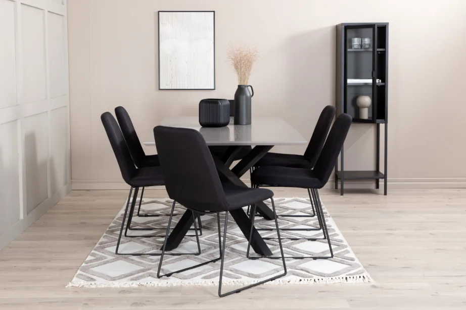 Piazza ristkülikukujuline söögilaud koos 6 musta polsterdatud tooliga, GR22261 – 6