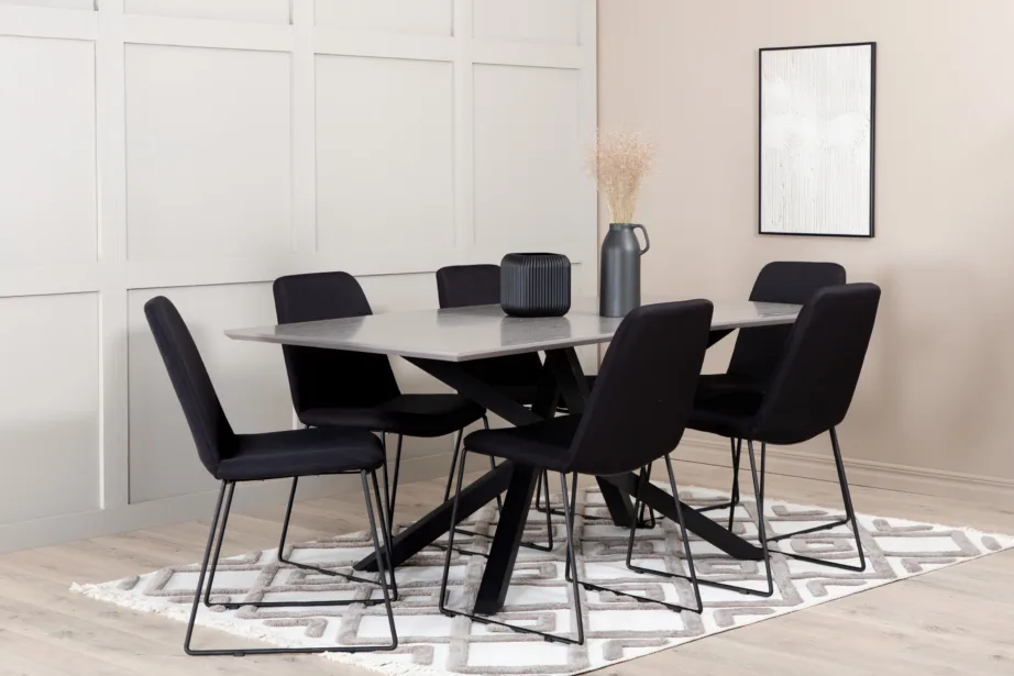 Piazza ristkülikukujuline söögilaud koos 6 musta polsterdatud tooliga, GR22261 – 7