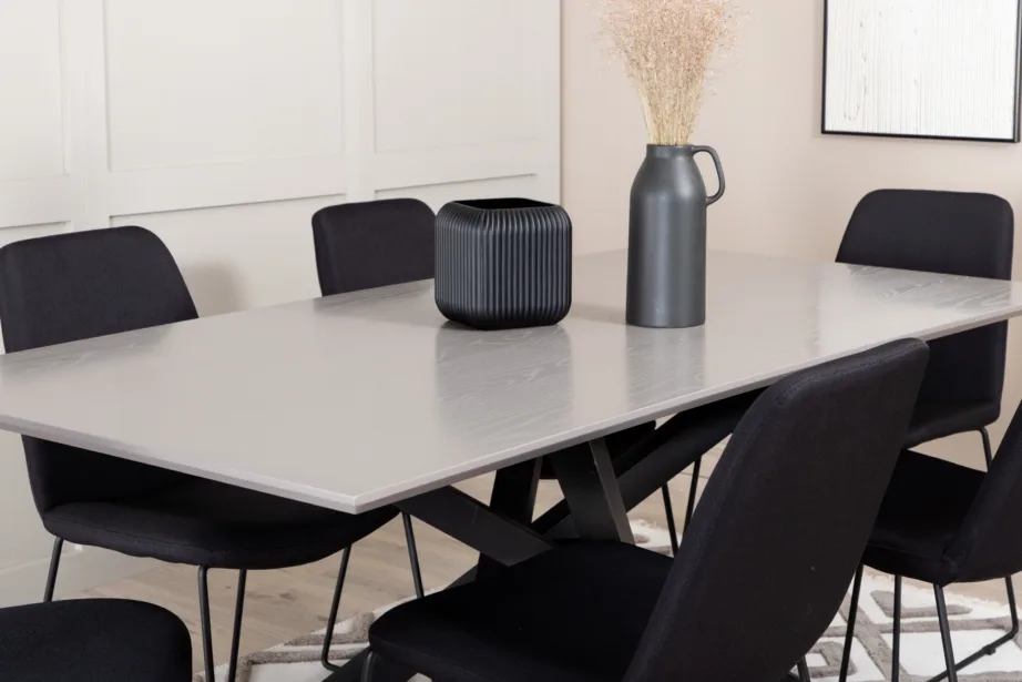 Piazza ristkülikukujuline söögilaud koos 6 musta polsterdatud tooliga, GR22261 – 8