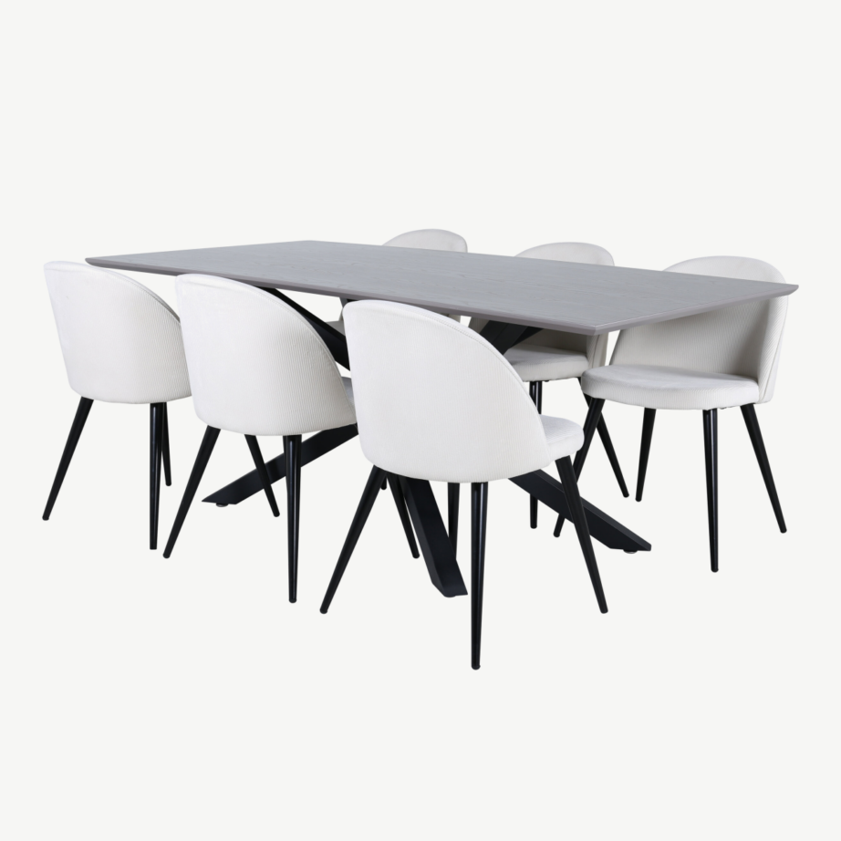 Piazza ristkülikukujuline söögilaud koos sametkangas toolidega (must/tumehall laud, kreem mustade jalgadega toolid), GR22515 – 2