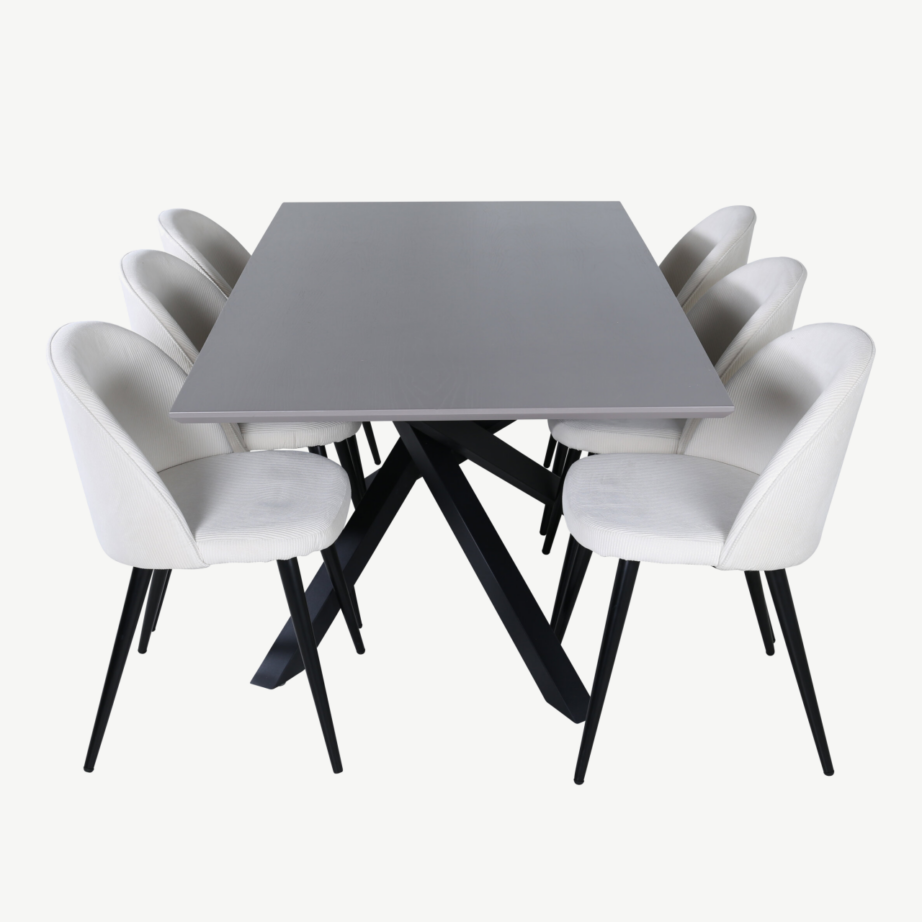 Piazza ristkülikukujuline söögilaud koos sametkangas toolidega (must/tumehall laud, kreem mustade jalgadega toolid), GR22515 – 3