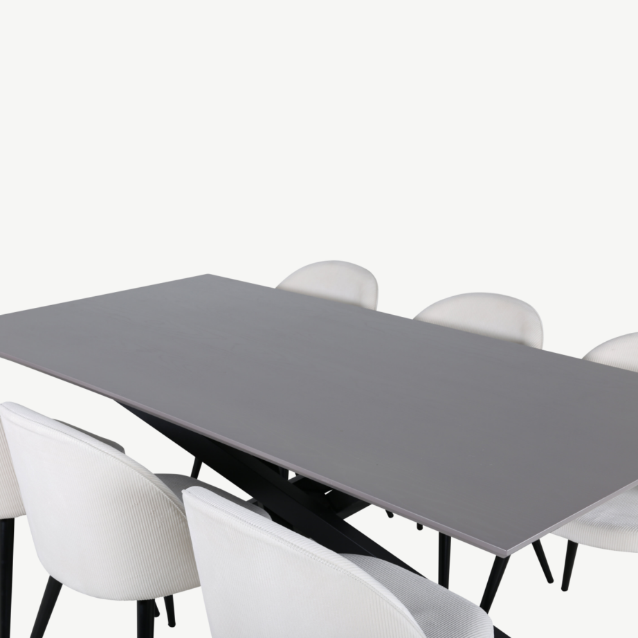 Piazza ristkülikukujuline söögilaud koos sametkangas toolidega (must/tumehall laud, kreem mustade jalgadega toolid), GR22515