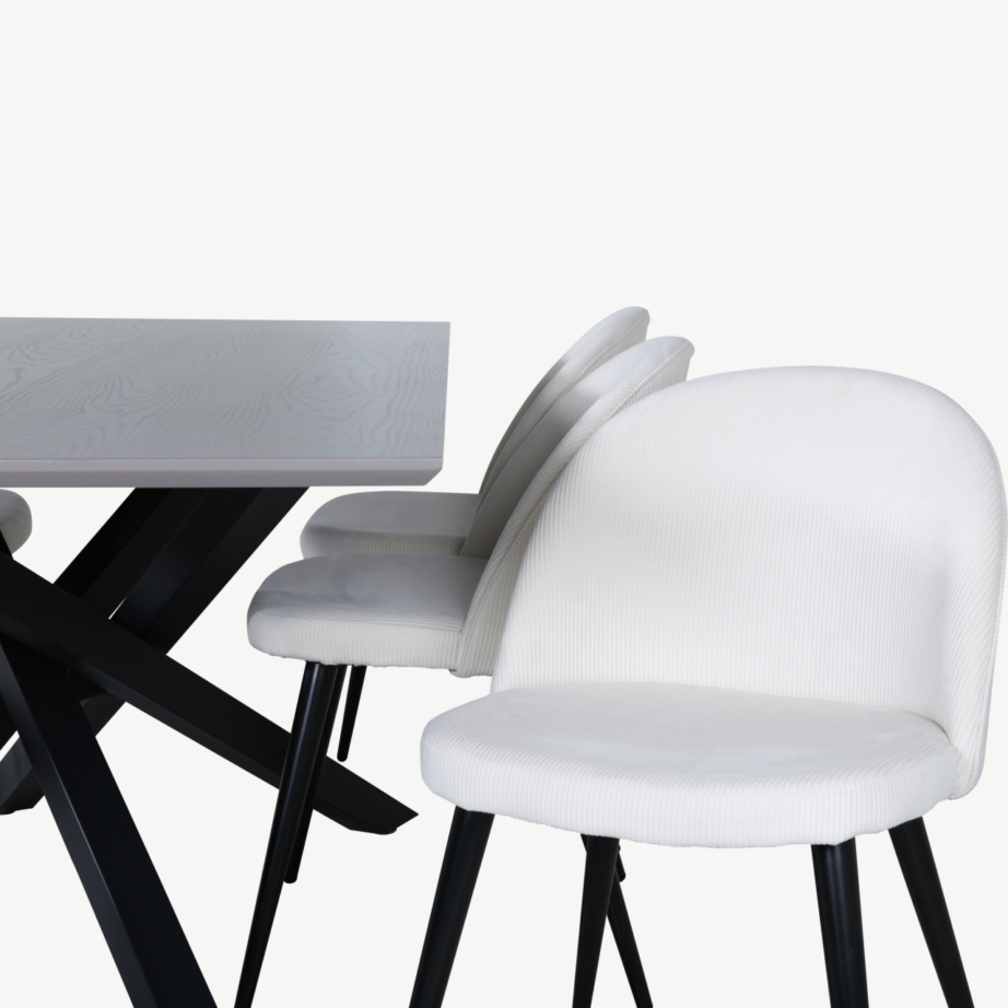 Piazza ristkülikukujuline söögilaud koos sametkangas toolidega (must/tumehall laud, kreem mustade jalgadega toolid), GR22515 – 4