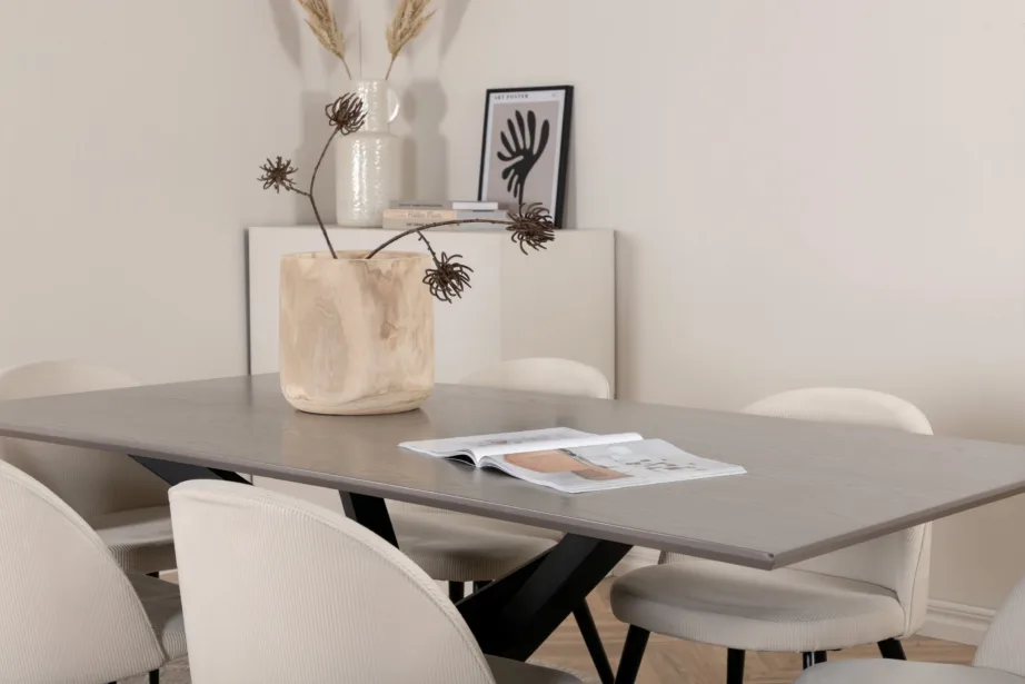 Piazza ristkülikukujuline söögilaud koos sametkangas toolidega (must/tumehall laud, kreem mustade jalgadega toolid), GR22515 – 7