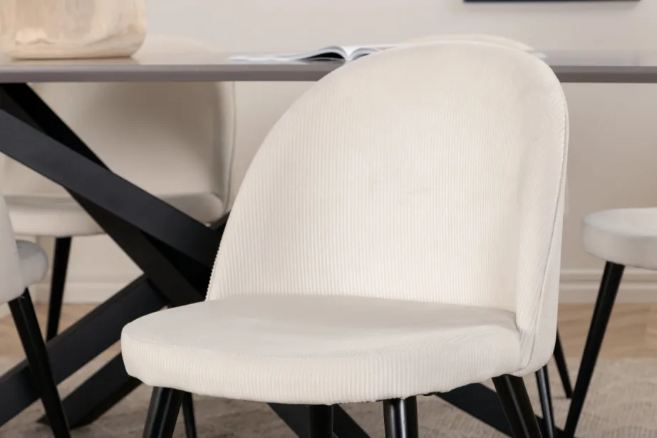 Piazza ristkülikukujuline söögilaud koos sametkangas toolidega (must/tumehall laud, kreem mustade jalgadega toolid), GR22515 – 9