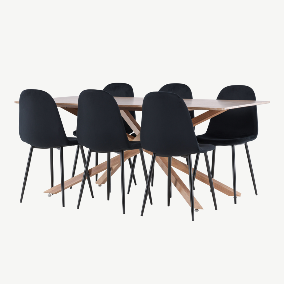 Piazza söögilaua ja mustade sametist Polar toolide komplekt (180×90 cm, mokkavärvi laud), GR24521