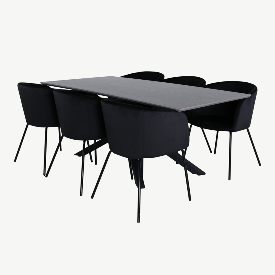 Piazza söögilauakomplekt (ristkülikukujuline laud, 6 musta velvetkattega tooli), GR22269 – 2