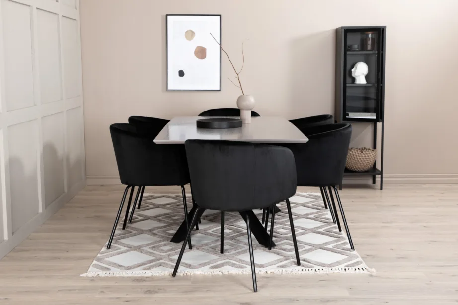 Piazza söögilauakomplekt (ristkülikukujuline laud, 6 musta velvetkattega tooli), GR22269 – 6