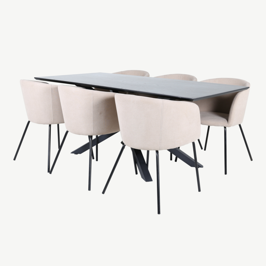 Piazza söögitoakomplekt musta MDF-laua ja beežide polüesterkangast toolidega, GR22523 – 2