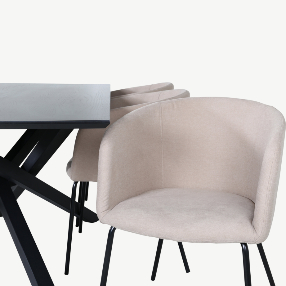 Piazza söögitoakomplekt musta MDF-laua ja beežide polüesterkangast toolidega, GR22523