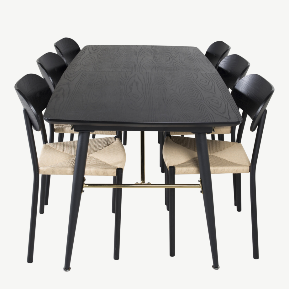 Pikendatav must söögilaud Gold messingdetailidega ja rotangist istmega must metalltool Polly, GR23966 – 2
