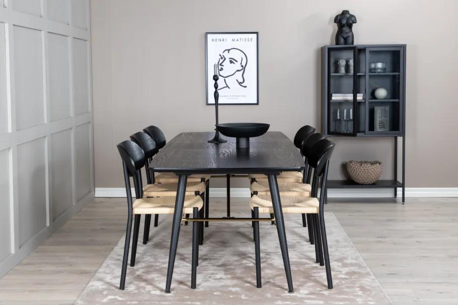 Pikendatav must söögilaud Gold messingdetailidega ja rotangist istmega must metalltool Polly, GR23966 – 3