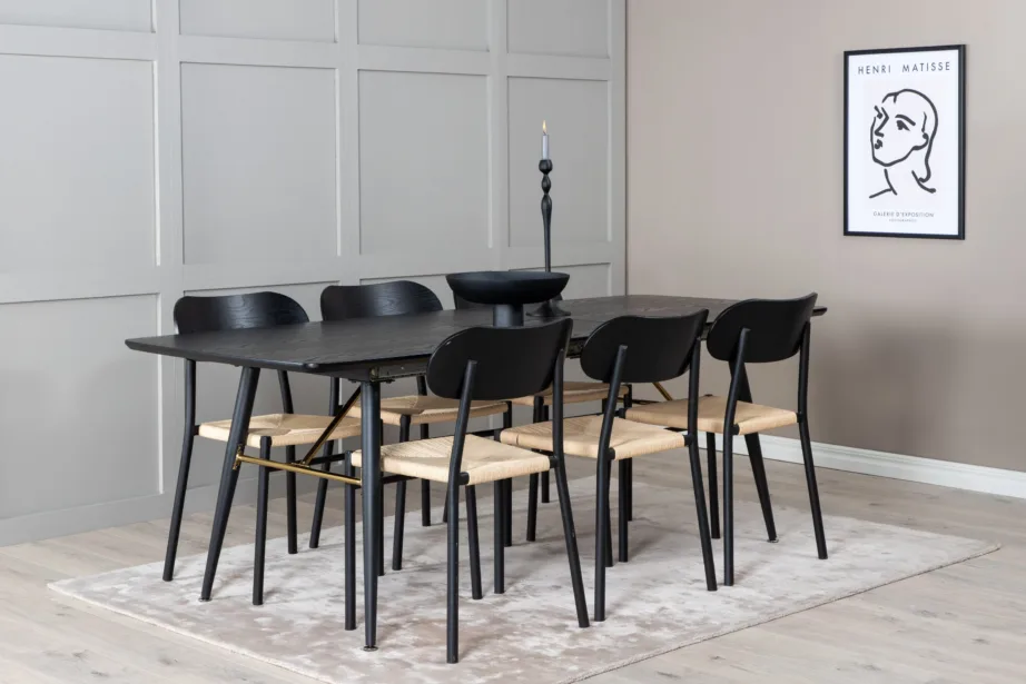 Pikendatav must söögilaud Gold messingdetailidega ja rotangist istmega must metalltool Polly, GR23966 – 4