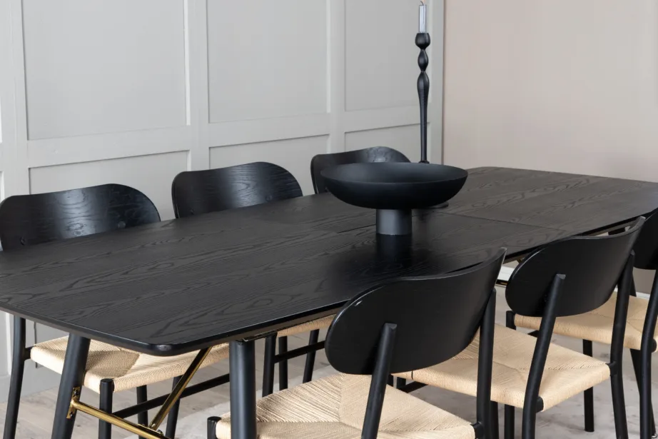 Pikendatav must söögilaud Gold messingdetailidega ja rotangist istmega must metalltool Polly, GR23966 – 5