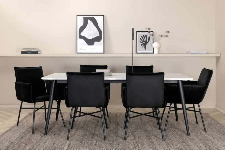 Pikendatav söögikomplekt Jimmy, valge HPL lauaplaat ja mustad velvetkattega Petra toolid (6 tk), GR22288 – 5