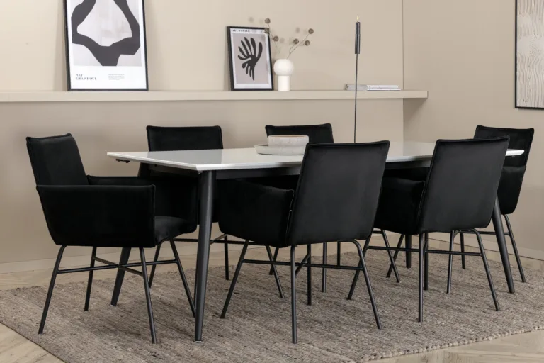 Pikendatav söögikomplekt Jimmy, valge HPL lauaplaat ja mustad velvetkattega Petra toolid (6 tk) - GR22288