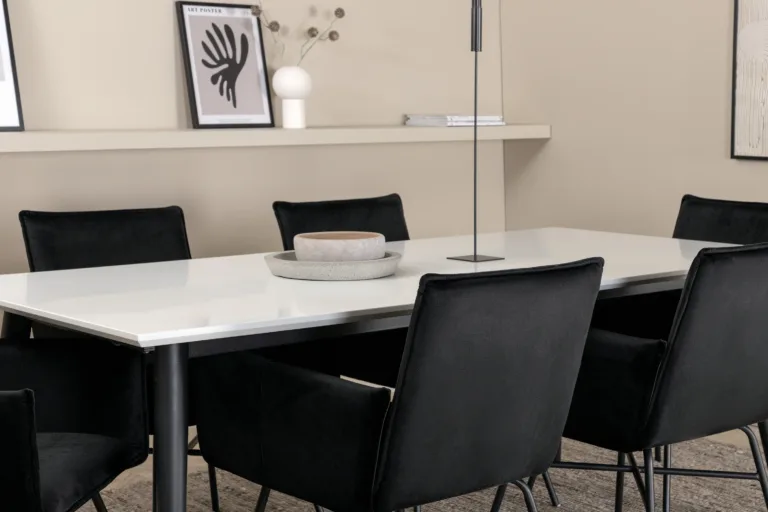 Pikendatav söögikomplekt Jimmy, valge HPL lauaplaat ja mustad velvetkattega Petra toolid (6 tk) - GR22288