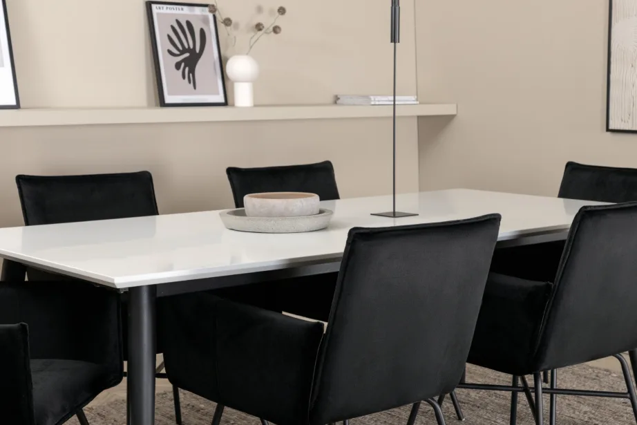 Pikendatav söögikomplekt Jimmy, valge HPL lauaplaat ja mustad velvetkattega Petra toolid (6 tk), GR22288 – 7