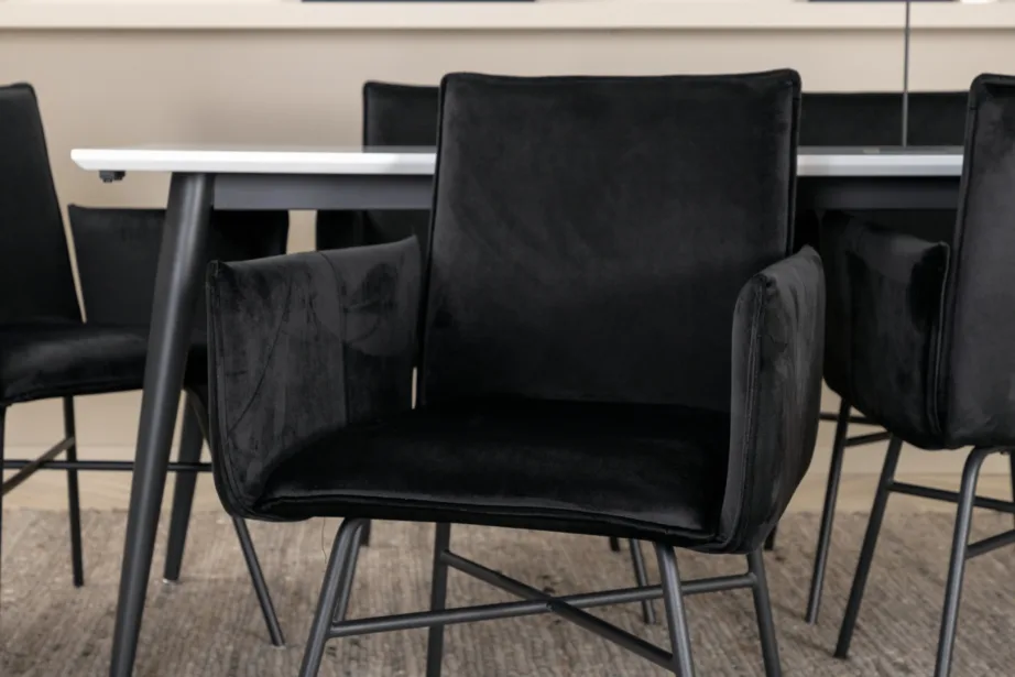 Pikendatav söögikomplekt Jimmy, valge HPL lauaplaat ja mustad velvetkattega Petra toolid (6 tk), GR22288 – 9