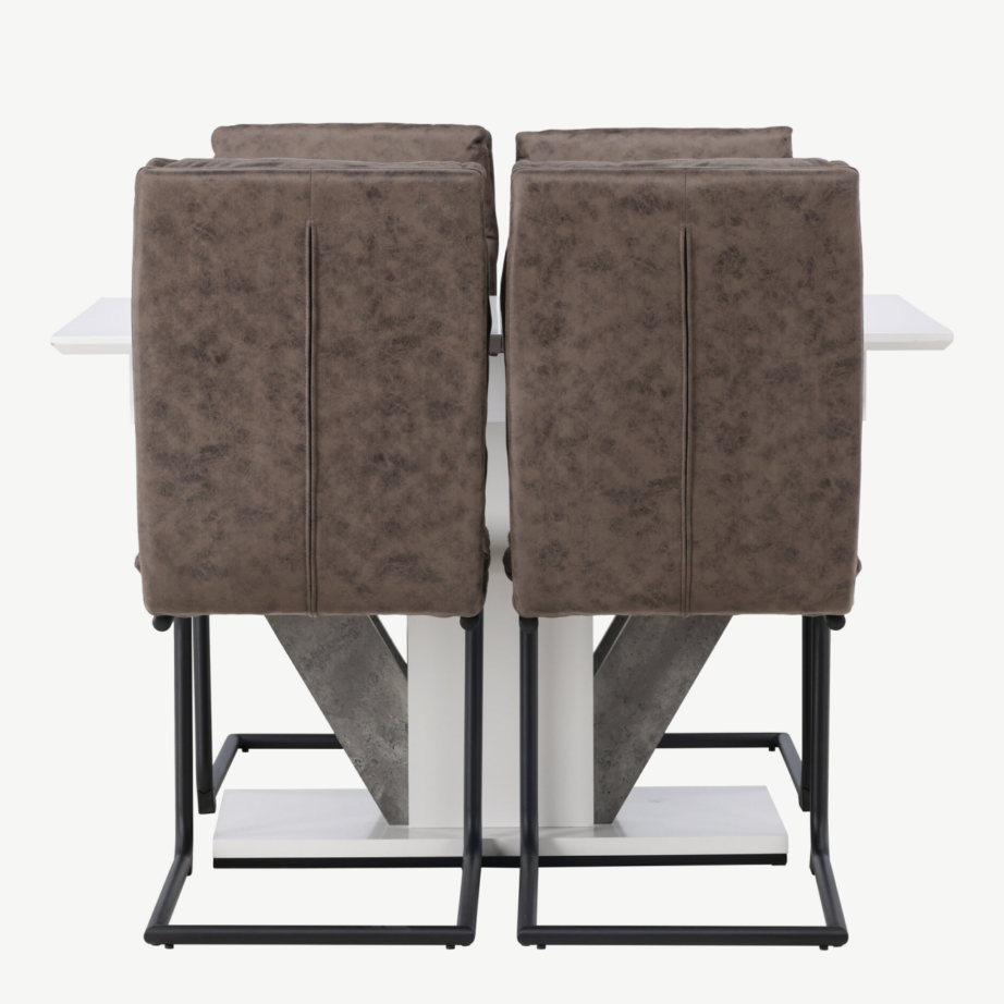 Pikendatav söögilauakomplekt Disa (valge/hall MDF) ja pruunid microfibre toolid Zizo, GR23590 – 2