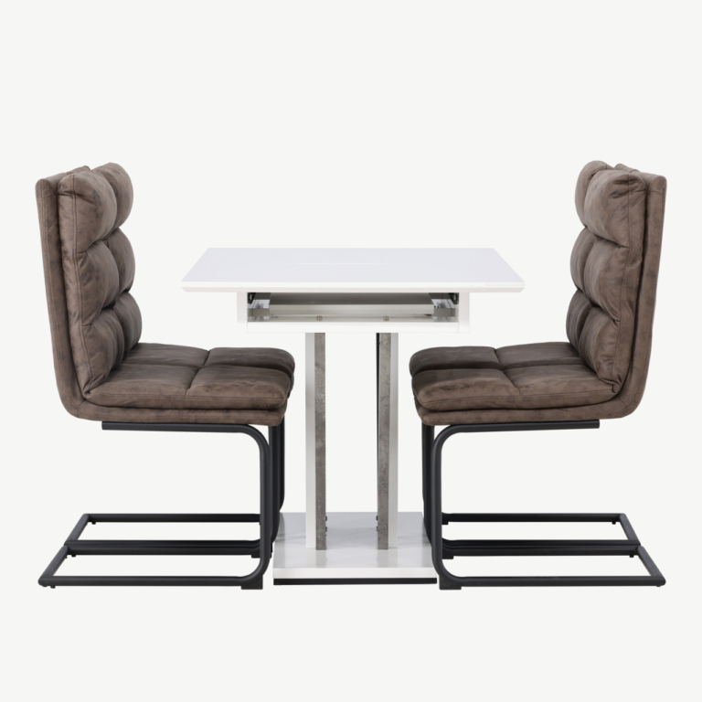 Pikendatav söögilauakomplekt Disa (valge/hall MDF) ja pruunid microfibre toolid Zizo - GR23590