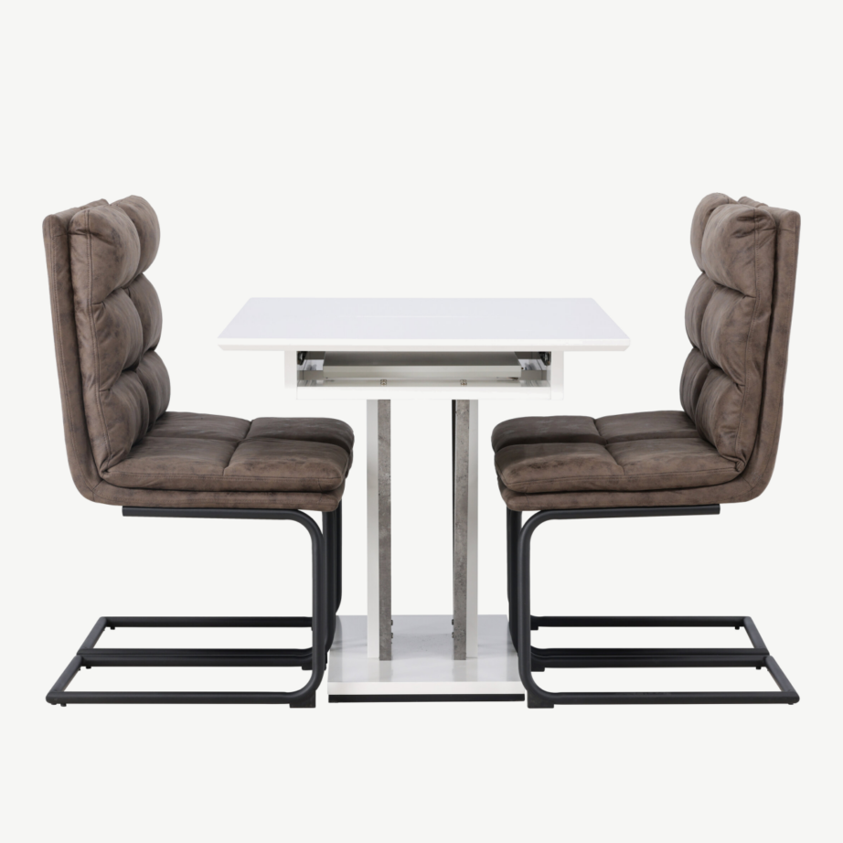 Pikendatav söögilauakomplekt Disa (valge/hall MDF) ja pruunid microfibre toolid Zizo, GR23590 – 3