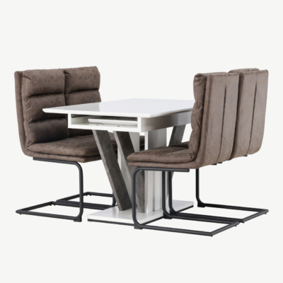 Pikendatav söögilauakomplekt Disa (valge/hall MDF) ja pruunid microfibre toolid Zizo - GR23590