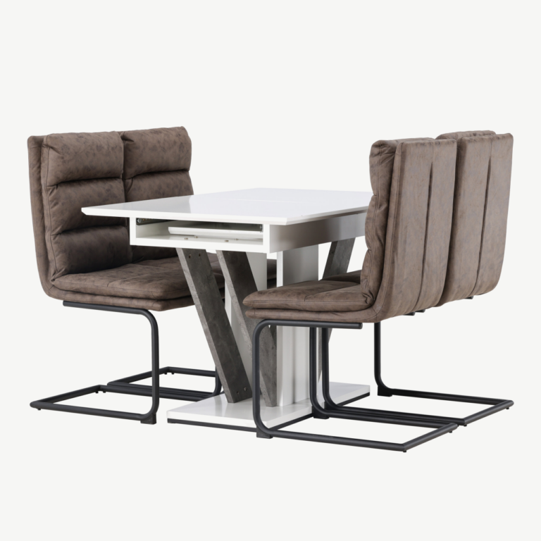Pikendatav söögilauakomplekt Disa (valge/hall MDF) ja pruunid microfibre toolid Zizo - GR23590