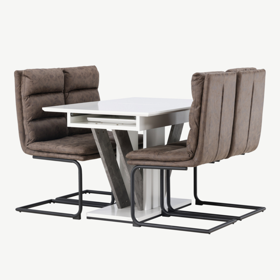Pikendatav söögilauakomplekt Disa (valge/hall MDF) ja pruunid microfibre toolid Zizo, GR23590