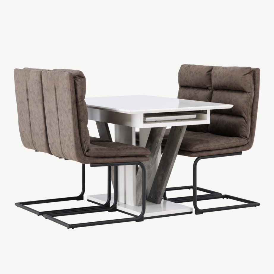 Pikendatav söögilauakomplekt Disa (valge/hall MDF) ja pruunid microfibre toolid Zizo, GR23590 – 4