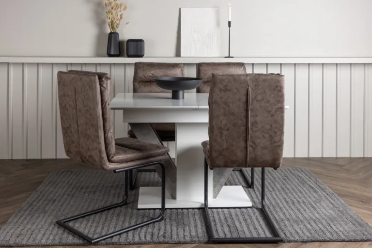Pikendatav söögilauakomplekt Disa (valge/hall MDF) ja pruunid microfibre toolid Zizo - GR23590