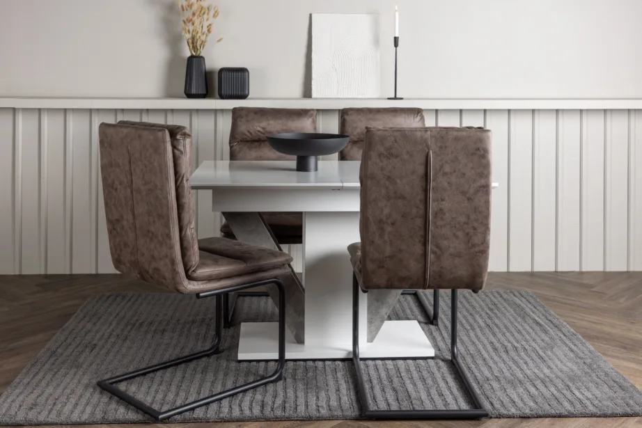 Pikendatav söögilauakomplekt Disa (valge/hall MDF) ja pruunid microfibre toolid Zizo, GR23590 – 5