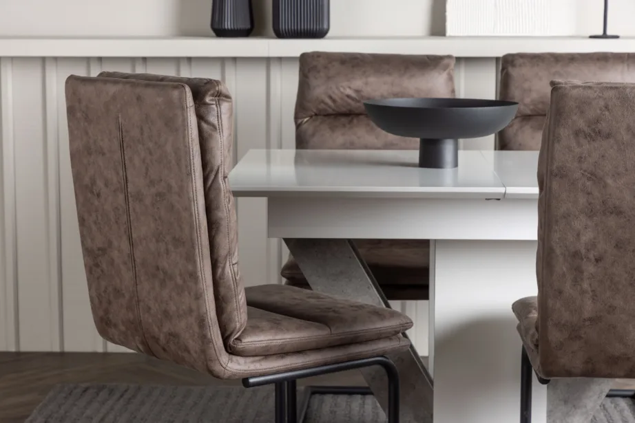 Pikendatav söögilauakomplekt Disa (valge/hall MDF) ja pruunid microfibre toolid Zizo, GR23590 – 6