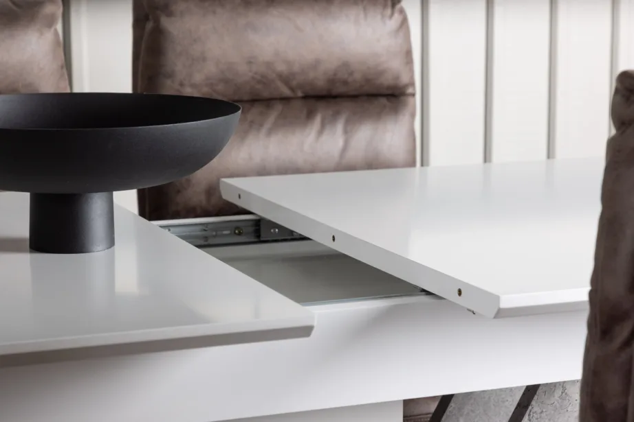 Pikendatav söögilauakomplekt Disa (valge/hall MDF) ja pruunid microfibre toolid Zizo, GR23590 – 8